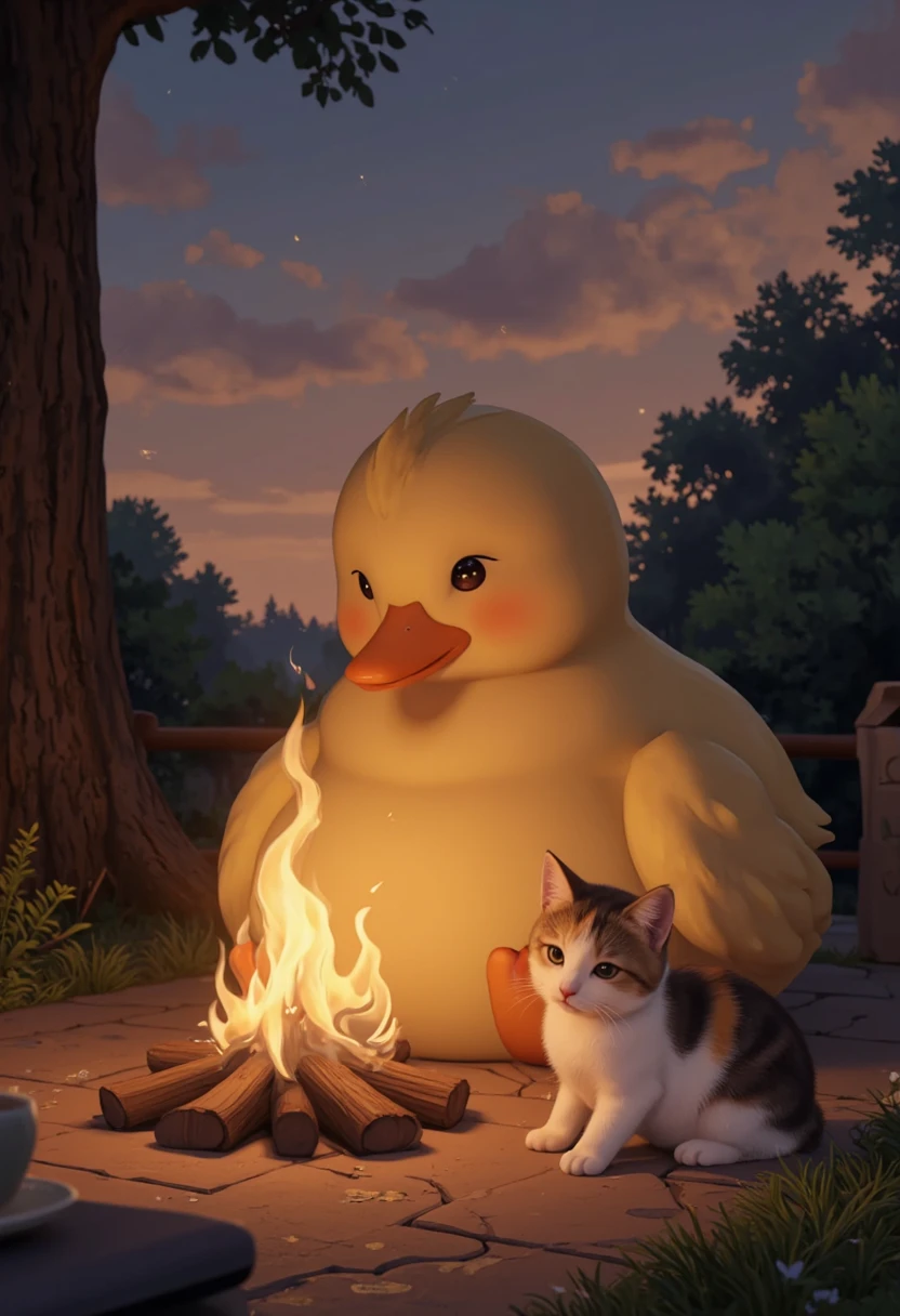 An illustration of a plump duck and a cute cat huddled together and simply watching the bonfire