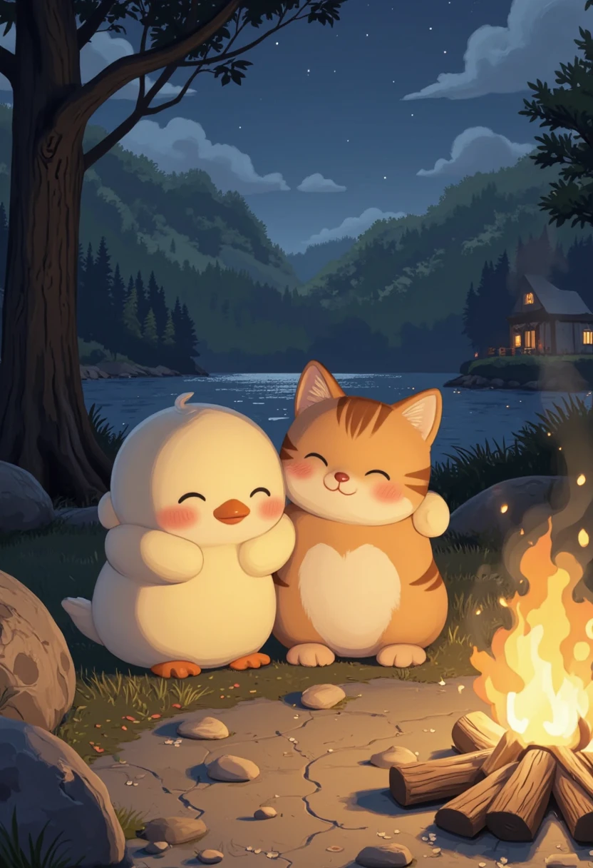 An illustration of a plump duck and a cute cat huddled together and simply watching the bonfire