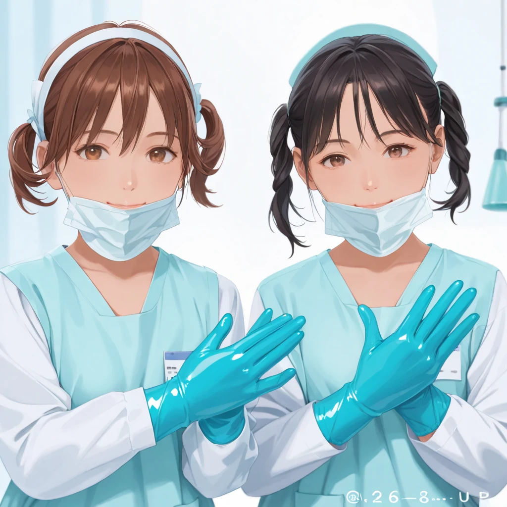 anime, smiling, ((surgical outfit)), ((tight surgical gloves)), (( cream color latex gloves )), ( Long Sleeve ), Alone, Realistic physique