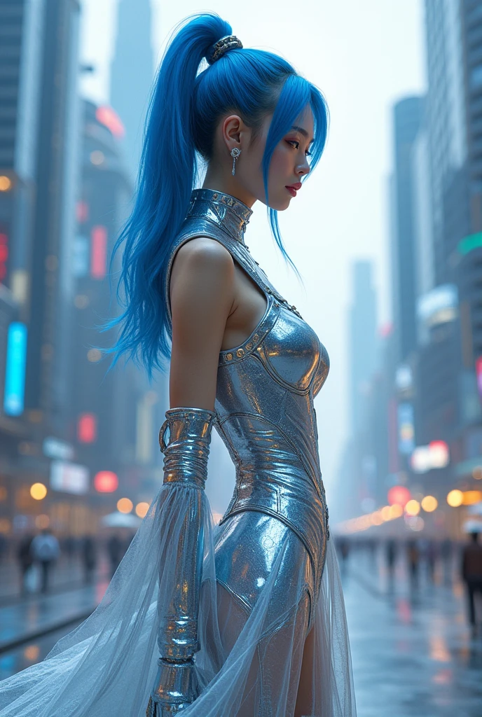 beautiful japanese woman 24 years old, completely blue haired, very long hair, perfect body, slim face, medium breasts, in dance club, glowing clothes, led lighings clothes, led hair, lasers, full body shot, night photography, masterpiece, best quality, highres, 4k, ray tracing, intricate details, highly detailed, <lora:ral-ledlights-sdxl:0.8> ral-ledlights <lora:crowd_of_people:2> crowd of people