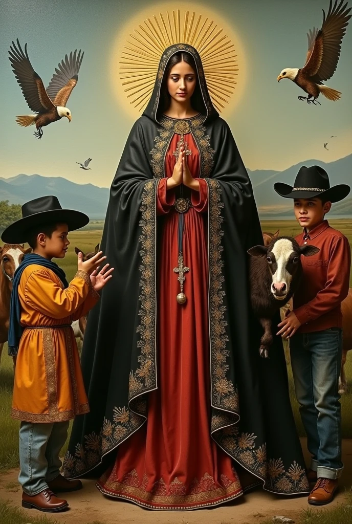 Images of boy and girl with White nun, flag, quetzal,