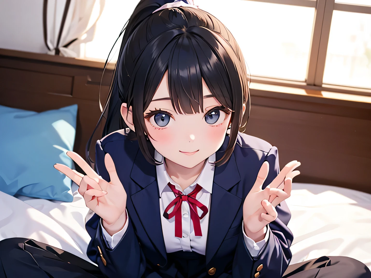 POV, a smiling high school girl with black hair and ponytail lying on the bed in her room, wearing a navy blue blazer with a ribbon, her pants showing through her skirt