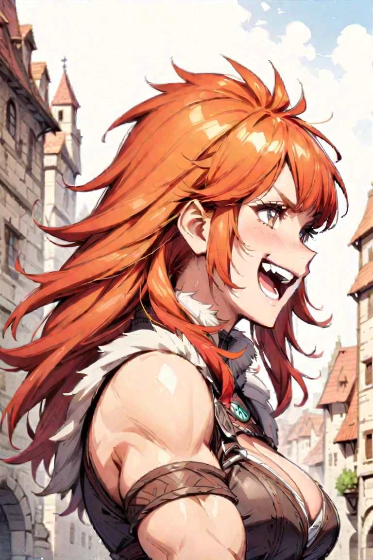 anime, detailed, depth of field, sunny, ginger hair, barbarian female, medieval time, being content, laughing, side view, close up portrait shot, blurred medieval city background