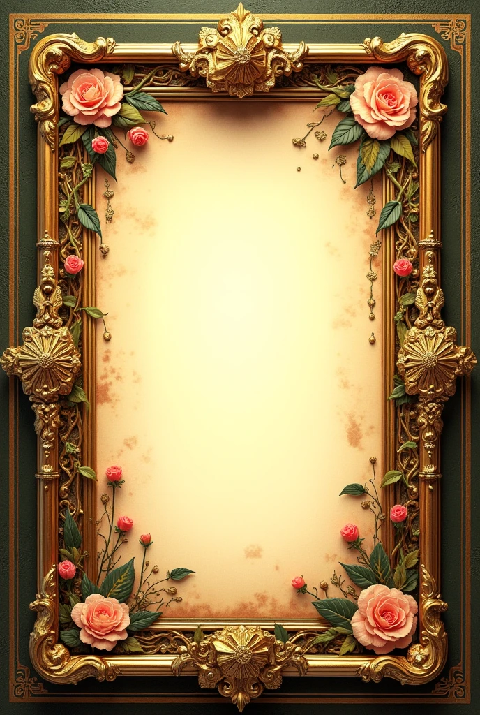 a detailed ornate gilded frame, intricately detailed floral and foliage frame, subtle illuminated parchment style, oil painting style, art nouveau style, art deco style, alfons mucha style, blank page, frame only, high quality, 8k, masterpiece, ultra-detailed, realistic, photorealistic, vivid colors, studio lighting, Cadre, cadre tableau, frise, Enluminures subtile,Style parchemins, détails, style peinture à l'huile. Style arts nouveaux, style arts déco, style Alfons Mucha, page Vierge, uniquement le cadre 