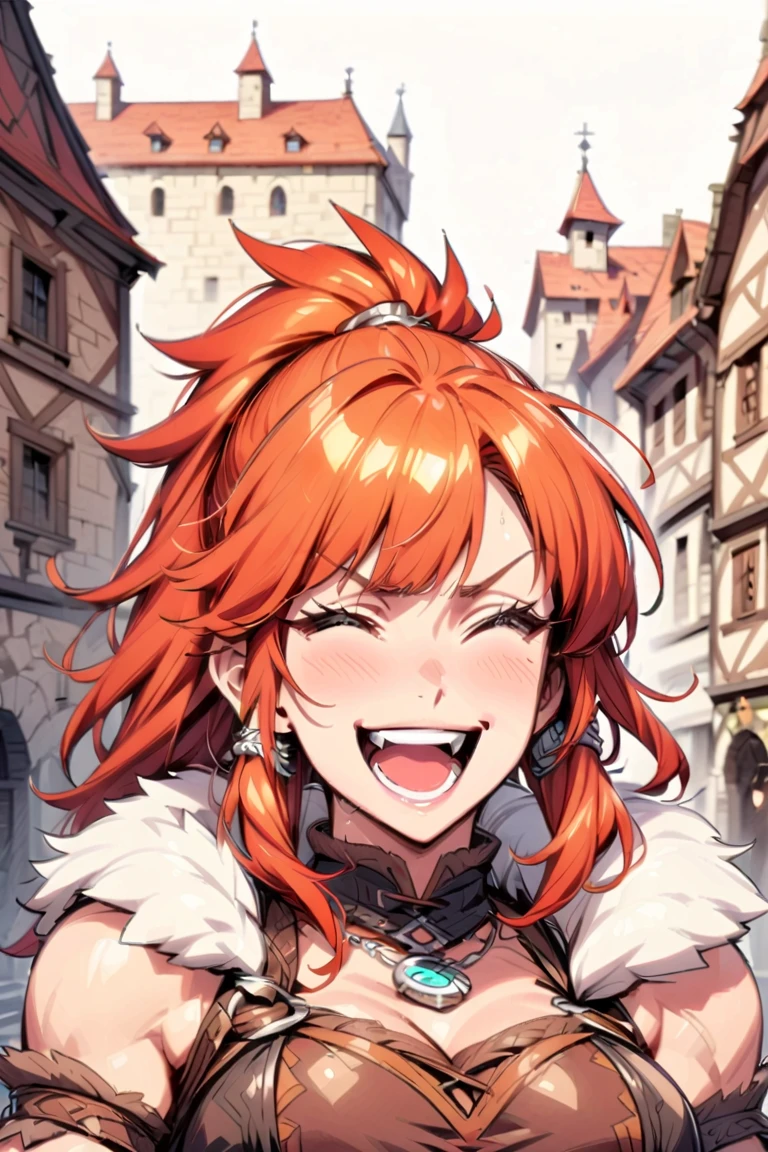 anime, detailed, depth of field, sunny, ginger hair, barbarian female, medieval time, being content, laughing, front view, close up portrait shot, blurred medieval city background