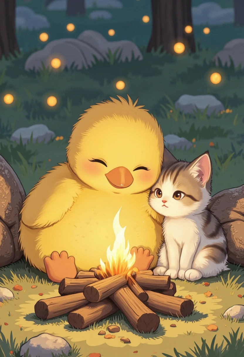 An illustration of a plump duck and a cute cat huddled together and simply watching the bonfire, crayon drawing