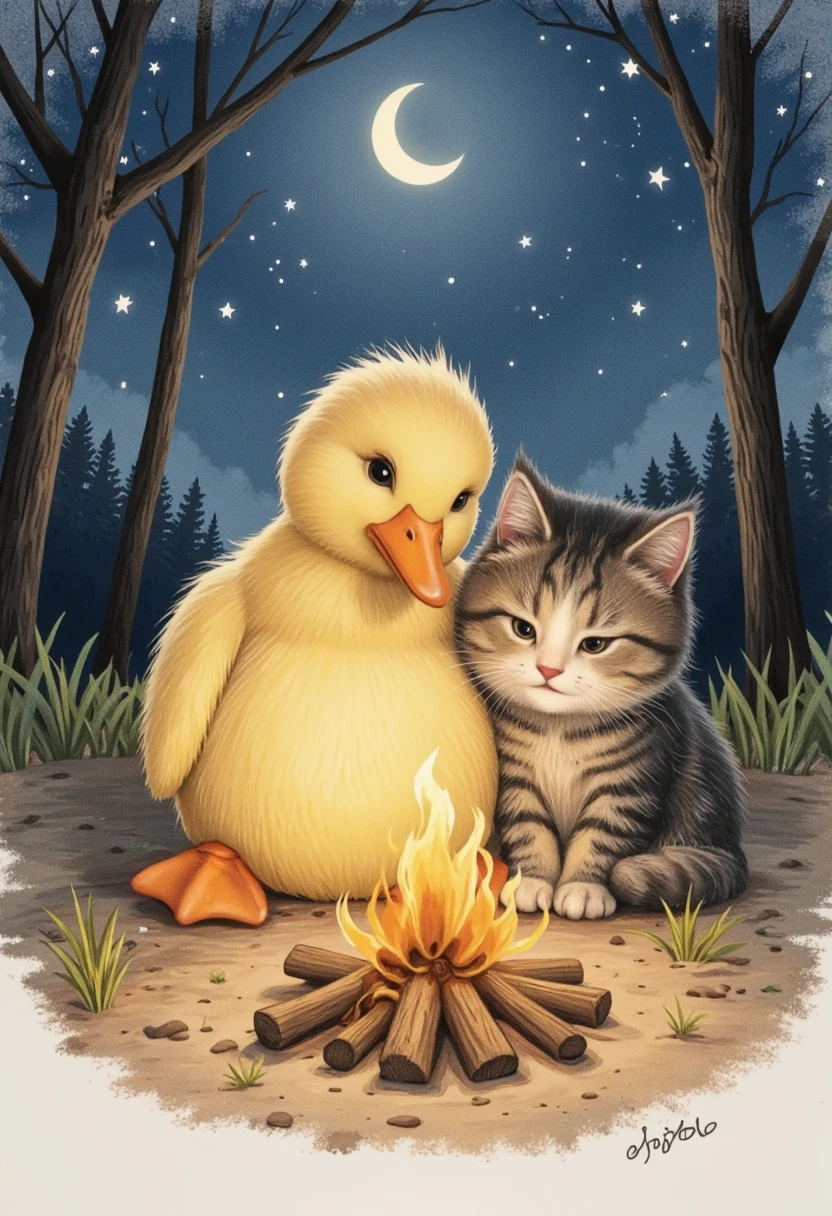 An illustration of a plump duck and a cute cat huddled together and simply watching the bonfire, crayon drawing