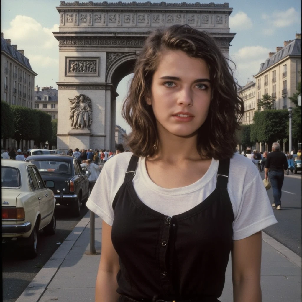 A polaroid photograph of a young Italian teenager, upturned nose, straight long hair, dressed in a white T-shirt and a black high closure long dress standing in a street in Paris, with the Arc de Triumph in the background, in the early 1980s, photorealistic, 1girl, bokeh, high quality, detailed features, photo-realistic, realistic, 4k, 8k, highres, indirect gaze, Polaroid, cinematic photo, photo from a family album, beautiful hyperrealism hyperdetailed, dressed in clothes