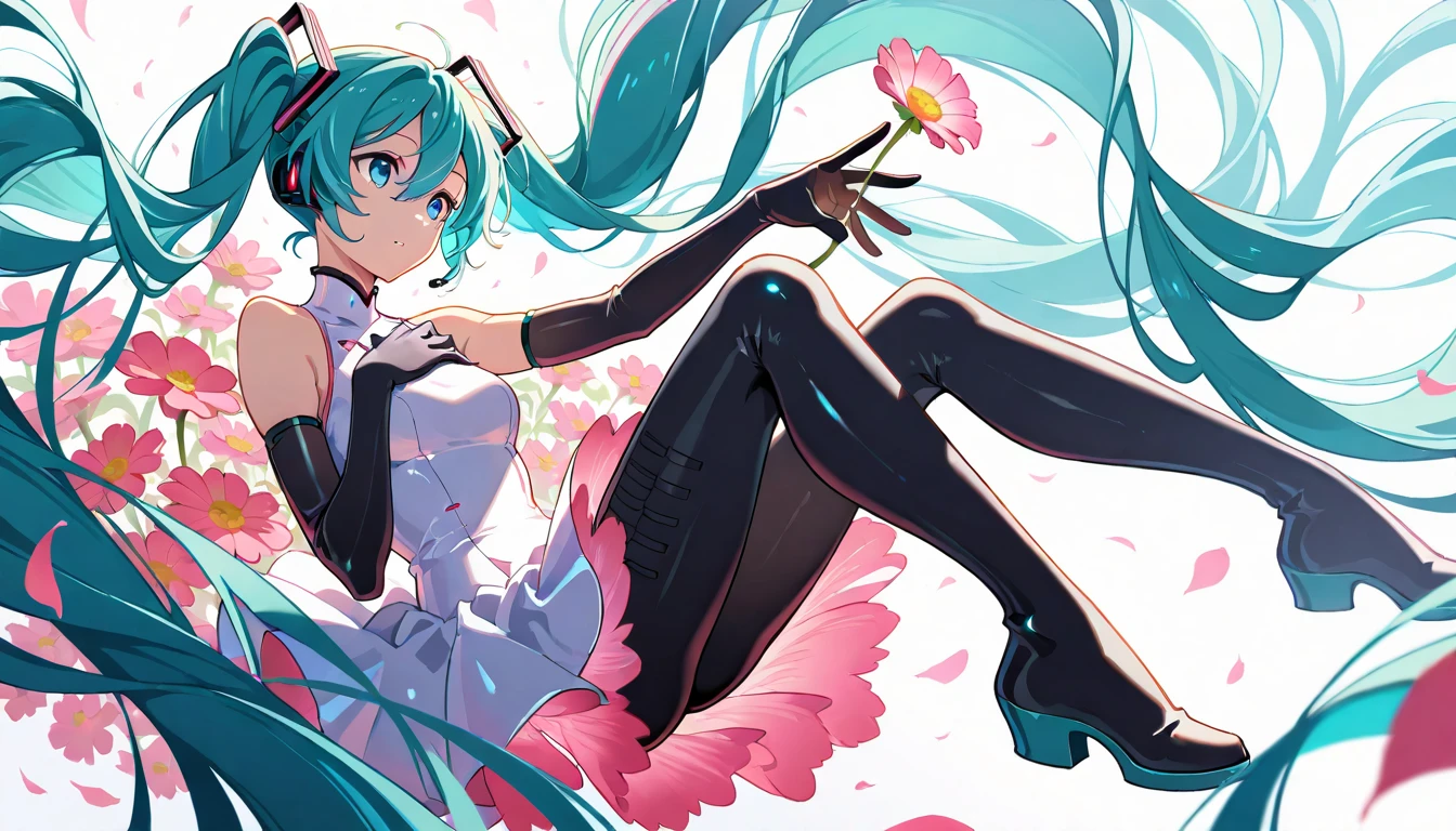 Masterpiece,  best quality ,  one girl, Alone,  long hair,  Hatsune Miku ,  Twin Tails, very  long hair,  Bodysuit,  Blue Hair,  gloves, whole body,  blue eyes, floating, View your viewers,  hair ornament, Sleeveless, black  gloves, Multicolored Hair, facial blemishes , Sleeveless ドレス, flower,  open your lips, absurdly  long hair, elbow  gloves, white dress,  hair between your eyes, 