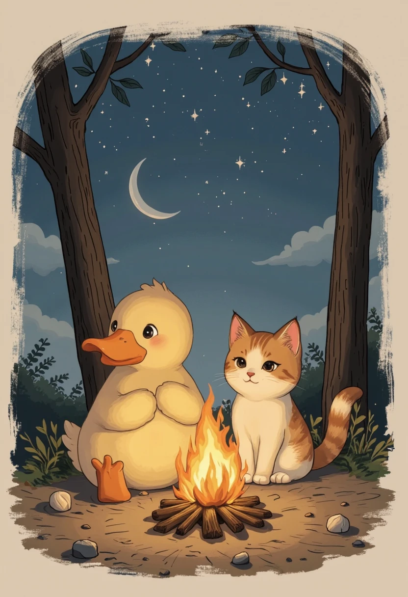 An illustration of a plump duck and a cute cat huddled together and simply watching the bonfire, rough sketch