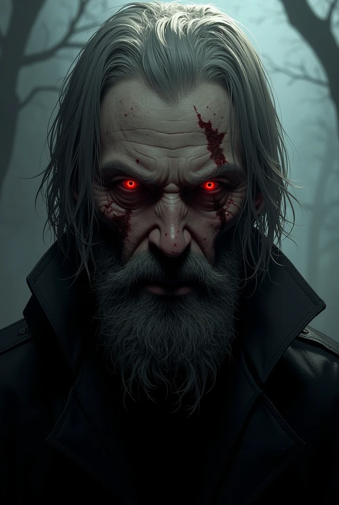 a scary old homeless man with a red eyes and a sack on his back, a frightened looking at him, detailed face, highly detailed, photorealistic, 8k, award winning, dramatic lighting, dark mood, gloomy, dramatic, cinematic, horror, masterpiece, ultra-detailed, intricate detail, photorealistic, extremely detailed, hyper realistic, digital art, concept art, striking, ominous, unsettling, disturbing, menacing, intense, sinister, macabre, gothic, dark fantasy, chiaroscuro, brooding, moody, atmospheric, dramatic, cinematic, neo-gothic, high contrast, moody lighting