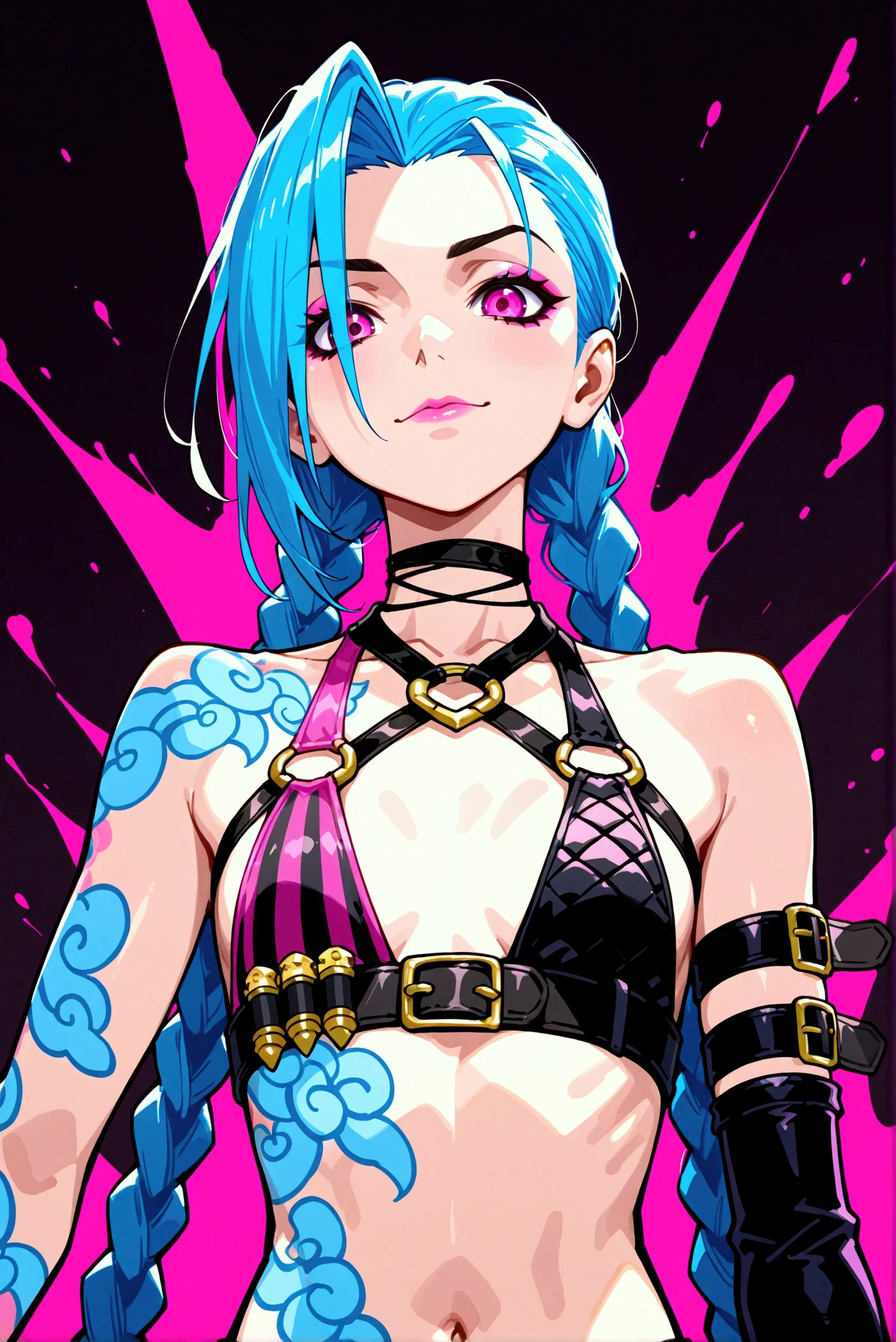 masterpiece, best quality, very aesthetic, absurdres, newest,1girl,(close-up of face:1.2), pleasure face, (covered_nipples), ahegao, tongue_out, rolling_eyes, saliva, one hand V gesture,tears in eyes, JinxLoLXL, pink eyes, blue hair, bangs, long hair, braid, low twintails, tattoo, small breasts, necklace, leather bra top, (two-tone bra top), navel, gloves, single elbow glove, fingerless gloves, bullet belt, purple short shorts, single purple thighhigh, bandaid on leg, boots, solo, looking at viewer, bedroom, indoors