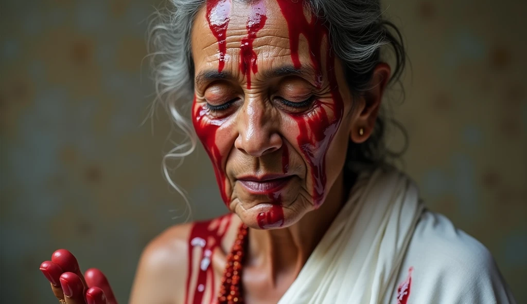 Create a hyper-realistic, cinematic close-up image of Matinta Perera. She should appear as an old, mysterious woman with piercing, haunting eyes that reflect centuries of dark secrets. Her face is weathered and lined, with a slightly sinister, knowing smile. She is shrouded in tattered, dark clothing, and a faint, eerie light illuminates her features, casting deep shadows. Her transformation into a nocturnal bird should be hinted at by subtle feather-like textures on her skin and faint, ghostly bird-like features. The background should be dim and indistinct, emphasizing her otherworldly presence and the sense of foreboding.