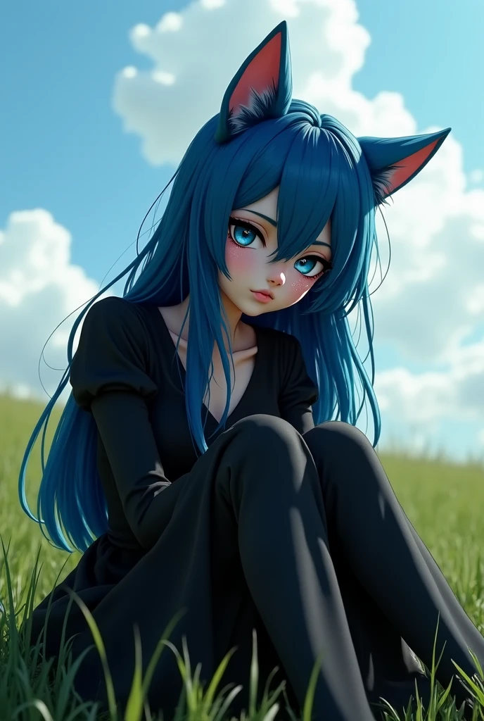 score_9, score_8_up, score_7_up, source_furry, Odd-eyed cat girl, open_mouth, Black Sweater, knee boots, colored sclera, white hair, long hair, heterochromia, black sclera, Furry, squatting on the grass, severe tail, Butterfly, Cool colors, depth of field, detailed background, photo, photo, photo