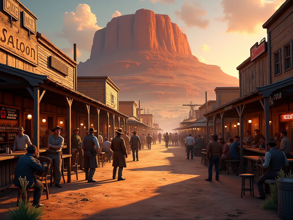 Center of saloon wild west old town with red hill background 