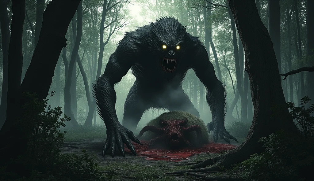 "A dark, eerie forest with dense, overgrown vegetation and tall, twisted trees casting menacing shadows. In the center of the forest, a small clearing illuminated by faint moonlight breaking through the thick canopy above. In the middle of the clearing, a terrifying werewolf with sharp claws and glowing yellow eyes is crouched over, savagely tearing apart a sheep, its fur matted with fresh blood. The werewolf’s muscular frame is tense, and its snarl reveals sharp, blood-stained fangs as it gazes directly at the viewer with a chilling, predatory intensity. Surrounding the clearing, thick mist swirls around the base of the trees, and faint glimmers of glowing eyes from hidden creatures peek out from the darkness, adding an extra layer of suspense and danger to the scene. The atmosphere is haunting, with muted tones of green, gray, and black, contrasted by the crimson red of the blood and the soft silver of the moonlight."