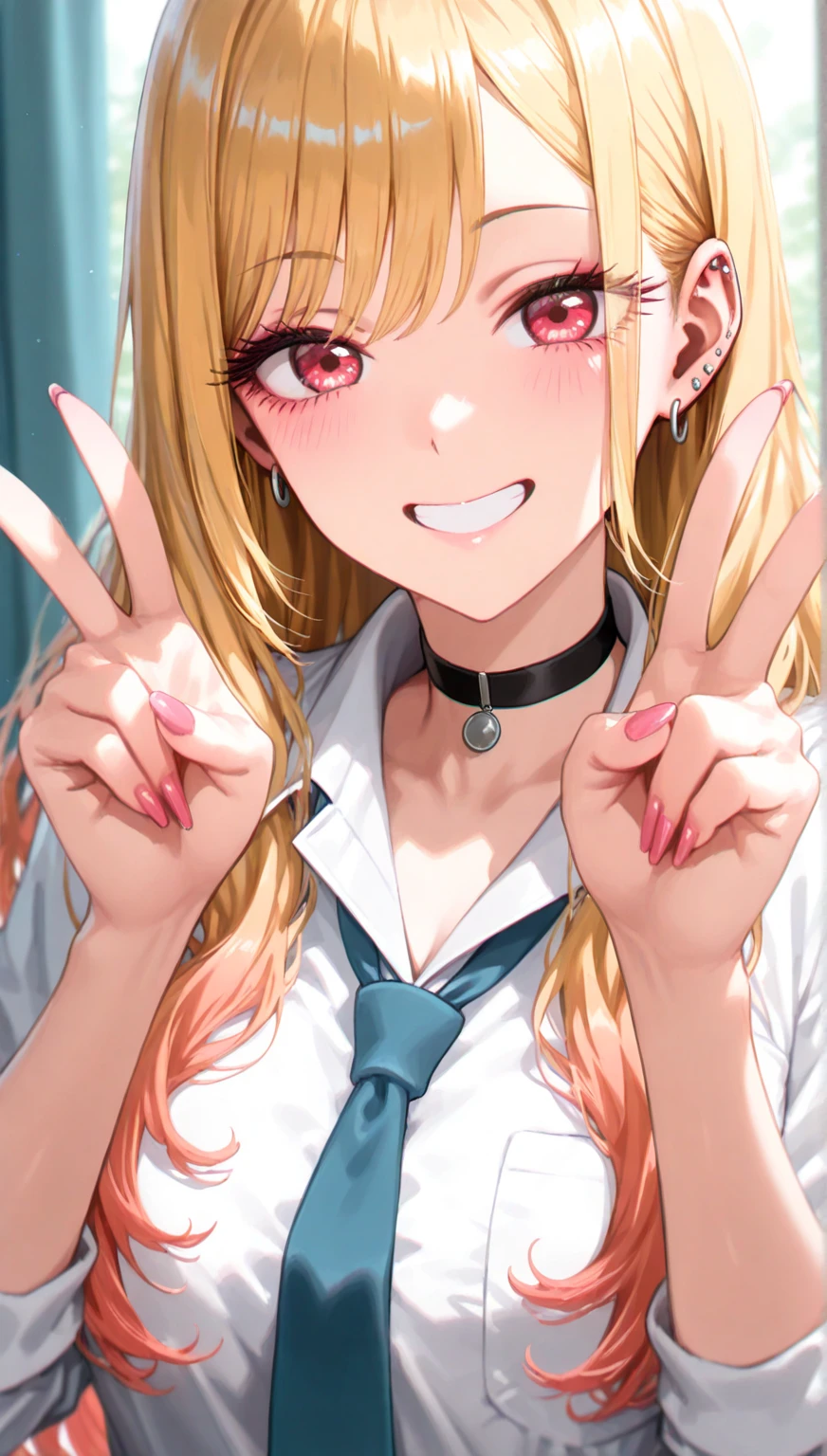 score_9, score_8_up, score_7_up, intricate details,
1girl, kitagawa marin, sono bisque doll wa koi wo suru, blonde hair, slight wavy hair, red eyes, ear piercing, barbell piercing, black choker, collared shirt, white shirt, earrings, blue necktie, grin, double v gesture 