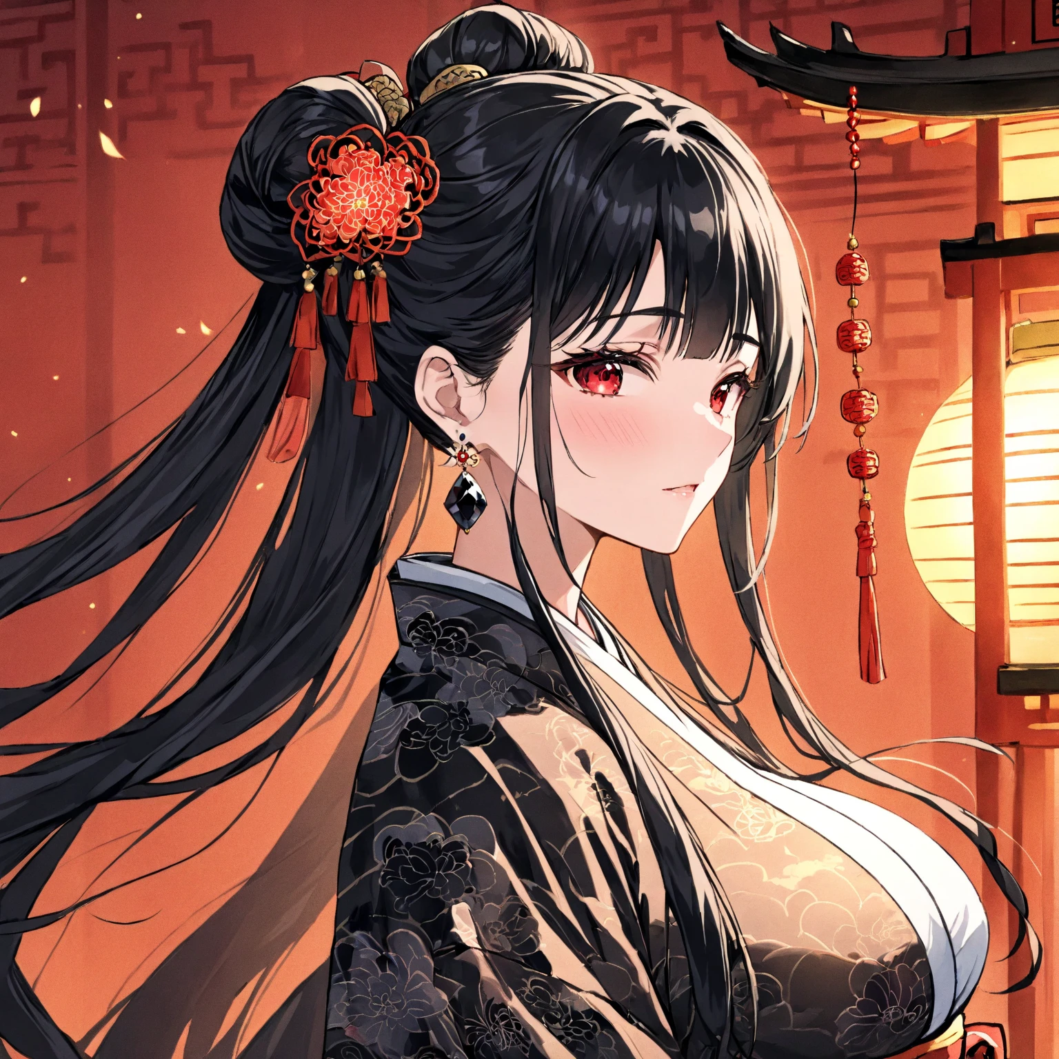 1 girl, alone,Chinese clothes,hanfu,(Sweet mouth),Full body female love,masterpiece, best quality, 8K, Light, ultra high resolution, Chinese painting, Floral fragrance, hair accessories, White background, black hair color hair, hair flower, Chinese Arts, hanfu, part, long white hair, belt, 身体的上半part,hanfu、jewelry、long sleeve、ear nipple ring