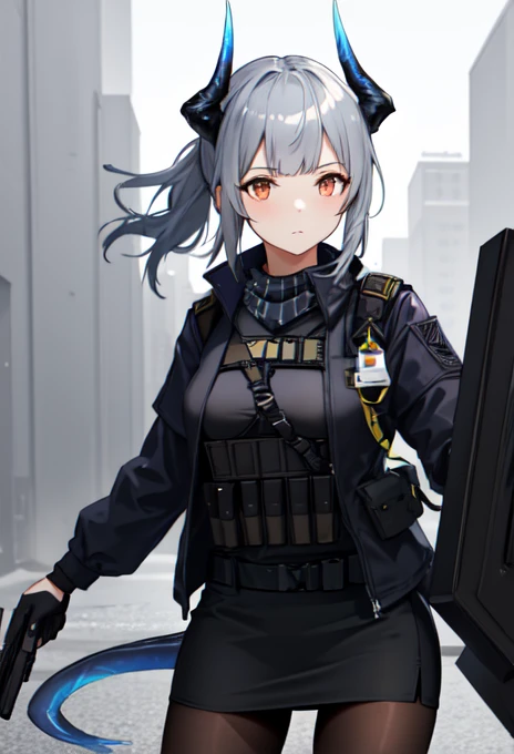 best quality, masterpiece, highres, solo, (liskarm_arknights:1.10), black skirt, holding gun, tactical clothes, 1girl, black gloves, black pantyhose, handgun, long sleeves, bulletproof vest, official alternate costume, shirt, holding shield, looking at viewer, miniskirt, pencil skirt, black jacket, 1 