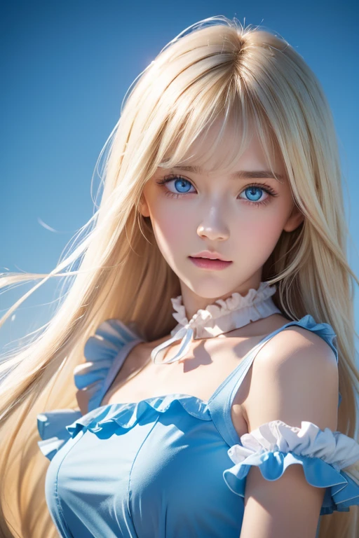 Anime girl standing in front of water with long blonde hair and blue eyes, a beautiful anime portrait, Guviz-style artwork, portrait anime girl, detailed portrait of an anime girl, Beautiful anime girl, Guweiz on ArtStation Pixiv, Guweiz in Pixiv ArtStation, Detailed digital anime art, Digital anime art, Soft anime illustration