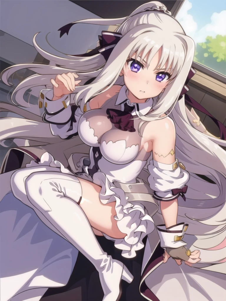  score_9, score_8_up, score_7_up, source_anime, rating_safe BREAK 1 girl, solo, ((indoor)), best quality, high quality, ultra detailed, detailed fingers, ((white hair)), rinne_bj, ((white thigh-length boots)), absolute territory, bare shoulders, ((thigh-high boots)), black gloves, black ascot, fingerless gloves, puff sleeves, skirt, black sleeves, separated sleeves and shoulders,
 female standing, long hair, looking at viewer, purple eyes, ahoge, v-shaped eyebrows, large breasts, hair ribbon, ponytail, bangs, full body, 
