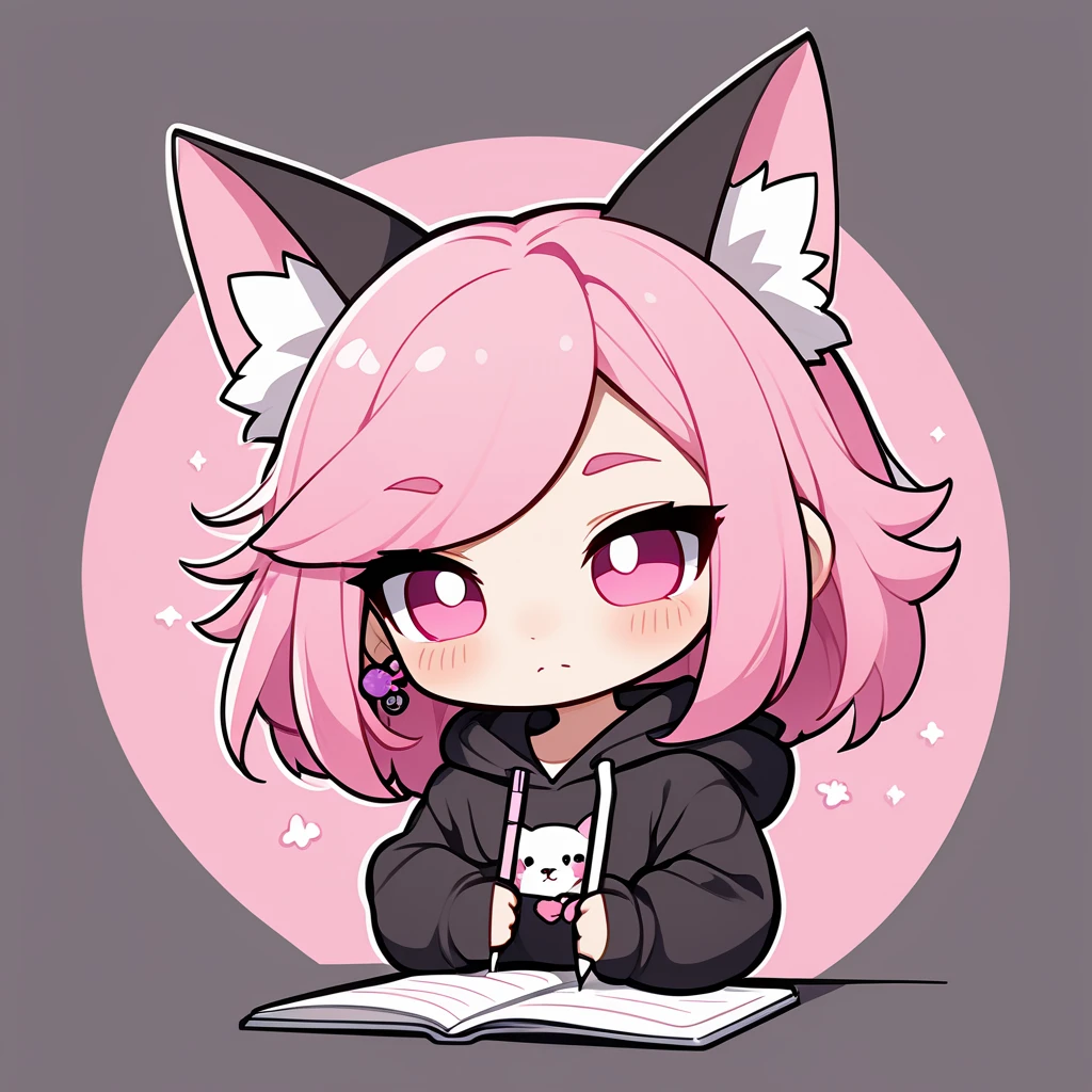 "A young girl with bright pink long hair , bright skin, and the soft expression , wearing an oversized black hoodie.  Has earrings in his left ear .  The girl pow pose.  The background is plain white ,  gives full focus to the character of the girl ,cute chibi ,hood wolf ear ,writing "January" in hoodie."