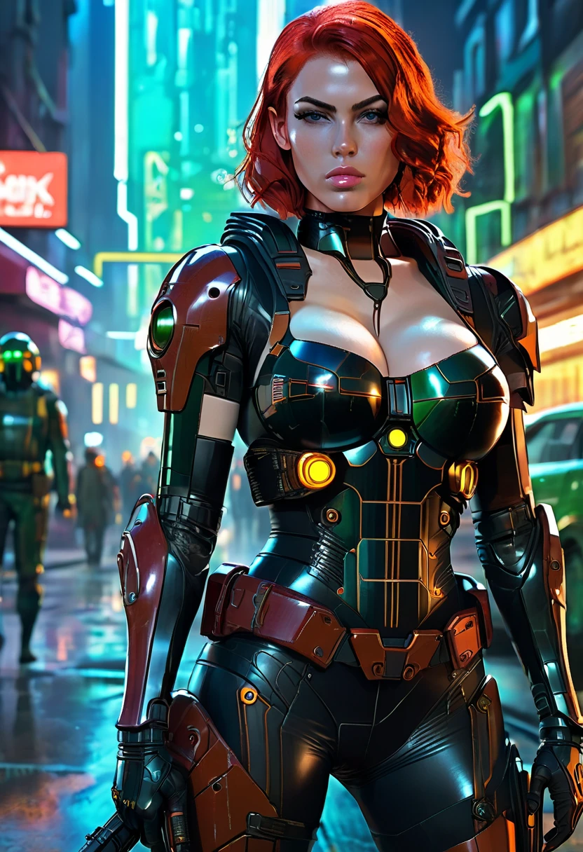 (masterpiece, photorealistic:1.4, extremely intricate:1.3), (photon mapping, radiosity, physically based rendering, ultra resolution, hyper-realistic, 8K), (((((mature female, [bodybuilder:supermodel:0.8], [large breasts:huge breasts:0.3], chrome rivets, ((white snakeskin leather vest, upper torso, humid, playful, mechanical cyborg arm, weapon), topless)), smirking, tattoo:1.4, 30 years old, elegant:1.2)), hands in white leather pants pockets, long eyelashes, ((makeup:1.2, red lips)), [skin detail:freckles:0.8]), (((((background futuristic neon cyberpunk city street cyberpunk))))) professional photograph, (((long straight hair [black hair:bright orange hair:0.8])))), BREAK ((sharp focus, dramatic, award winning, cinematic), bokeh, blurry background, interaction, metal reflections), bright eyes