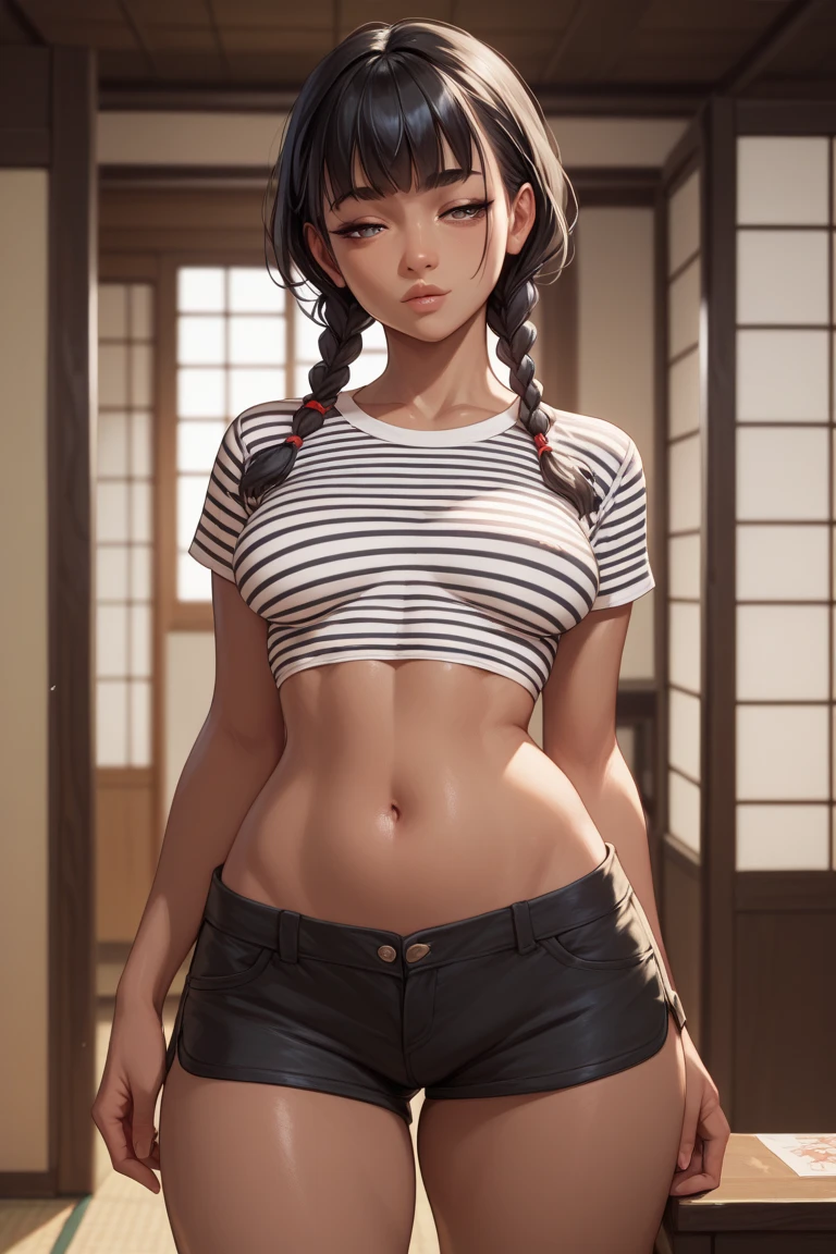 1 girl, short black hair, 2 small braids, bangs, dark skinned, voluptuous, medium breasts, half closed eyes, standing, black short shorts, striped top showing belly, Japanese room 