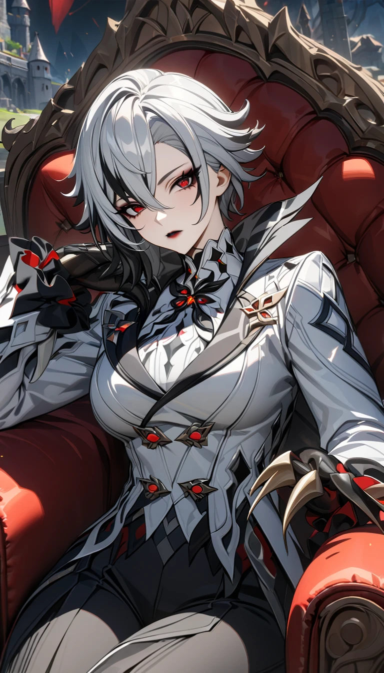 Adult woman, short gray hair, spike hair, red eyes, black eyeshadow, black lipstick, white aristocrat jacket, black tigh pants, large breasts, muscles, claws, castle, sitting on armchair, Arlechino from Genshin Impact, Masterpiece, best quality, Full HD, 8k, ultra details, great graphic