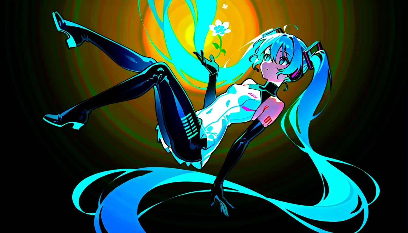 Masterpiece,  best quality ,  one girl, Alone,  long hair,  Hatsune Miku ,  Twin Tails, very  long hair,  Bodysuit,  Blue Hair,  gloves, whole body,  blue eyes, floating, View your viewers,  hair ornament, Sleeveless, black  gloves, Multicolored Hair, facial blemishes , Sleeveless ドレス, flower,  open your lips, absurdly  long hair, elbow  gloves, white dress,  hair between your eyes, 