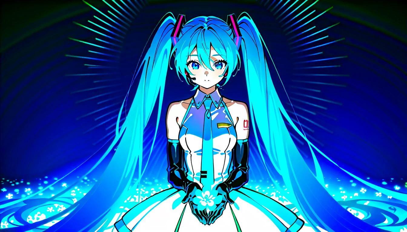 Masterpiece,  best quality ,  one girl, Alone,  long hair,  Hatsune Miku ,  Twin Tails, very  long hair,  Bodysuit,  Blue Hair,  gloves, whole body,  blue eyes, floating, View your viewers,  hair ornament, Sleeveless, black  gloves, Multicolored Hair, facial blemishes , Sleeveless ドレス, flower,  open your lips, absurdly  long hair, elbow  gloves, white dress,  hair between your eyes, 