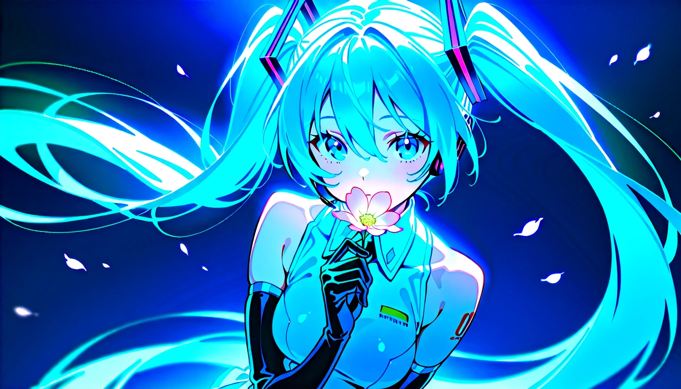 Masterpiece,  best quality ,  one girl, Alone,  long hair,  Hatsune Miku ,  Twin Tails, very  long hair,  Bodysuit,  Blue Hair,  gloves, whole body,  blue eyes, floating, View your viewers,  hair ornament, Sleeveless, black  gloves, Multicolored Hair, facial blemishes , Sleeveless ドレス, flower,  open your lips, absurdly  long hair, elbow  gloves, white dress,  hair between your eyes, 