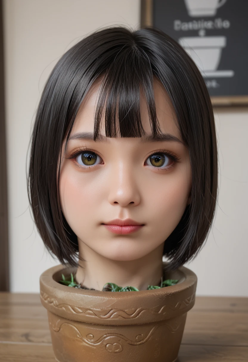 score_9, score_8_up, score_7_up, rating_safe, source_real, high resolution photograph, photo realistic, masterpiece, best quality, amazing quality, very aesthetic, absurdres, newest, intricate details, extremely detailed, professional lighting, 1girl, solo focus, (disembodied head of a young Japanese woman in a (flower-pot) on the table:1.2), face focus, close-up of her head, short bob cut black hair with thick blunt bangs, hair flower s, detailed face, detailed eyes, sophisticated nose, view from front, looking at the viewer, outdoors, daylight, tomak,