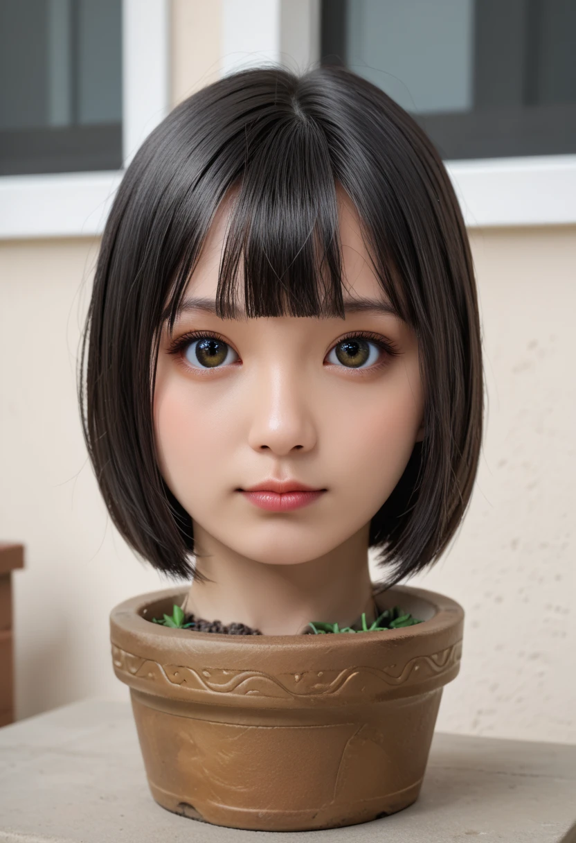 score_9, score_8_up, score_7_up, rating_safe, source_real, high resolution photograph, photo realistic, masterpiece, best quality, amazing quality, very aesthetic, absurdres, newest, intricate details, extremely detailed, professional lighting, 1girl, solo focus, (disembodied head of a young Japanese woman in a (flower-pot) on the table:1.2), face focus, close-up of her head, short bob cut black hair with thick blunt bangs, hair flower s, detailed face, detailed eyes, sophisticated nose, view from front, looking at the viewer, outdoors, daylight, tomak,