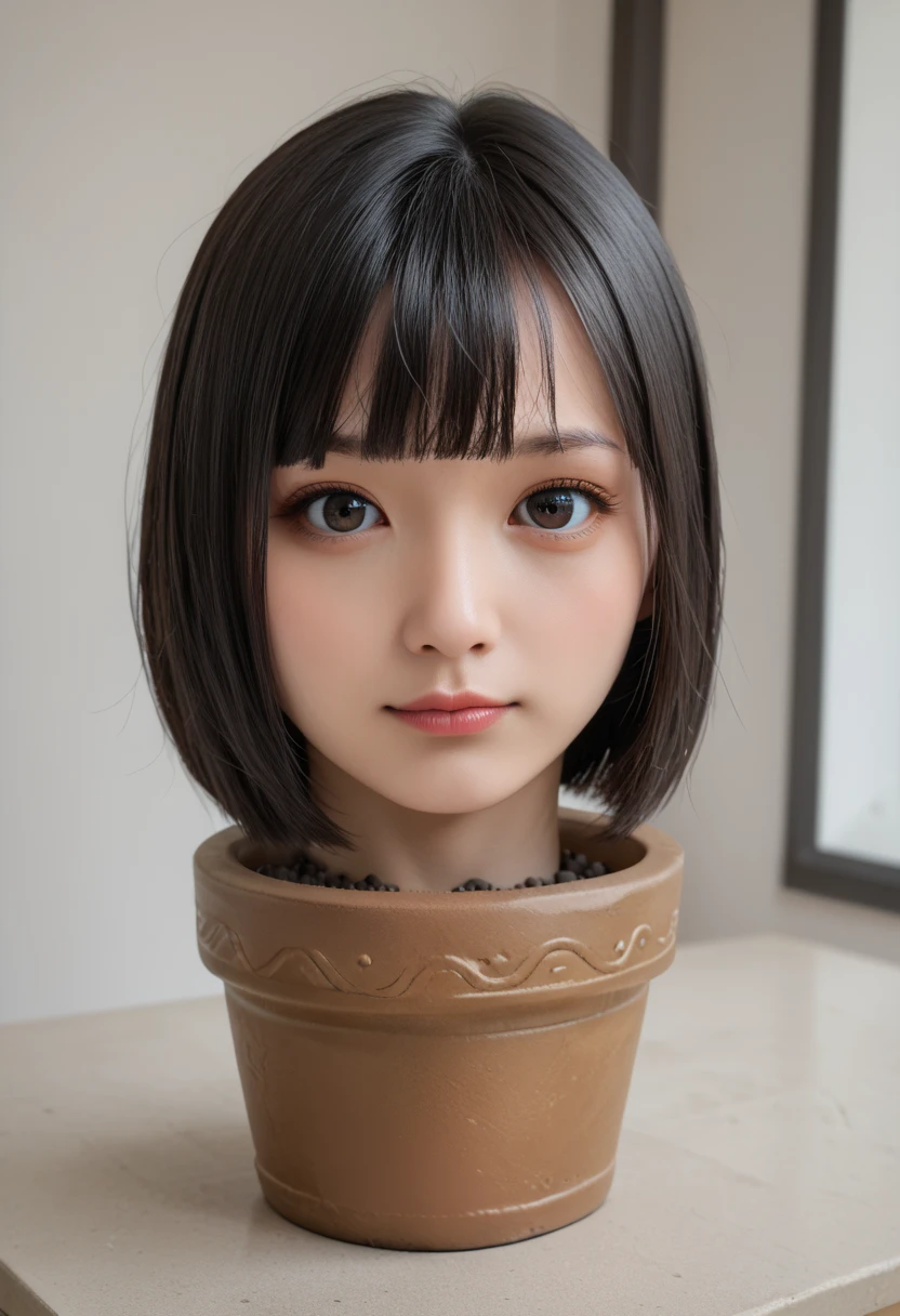 score_9, score_8_up, score_7_up, rating_safe, source_real, high resolution photograph, photo realistic, masterpiece, best quality, amazing quality, very aesthetic, absurdres, newest, intricate details, extremely detailed, professional lighting, 1girl, solo focus, (disembodied head of a young Japanese woman in a (flower-pot) on the table:1.2), face focus, close-up of her head, short bob cut black hair with thick blunt bangs, hair flower s, detailed face, detailed eyes, sophisticated nose, view from front, looking at the viewer, outdoors, daylight, tomak,