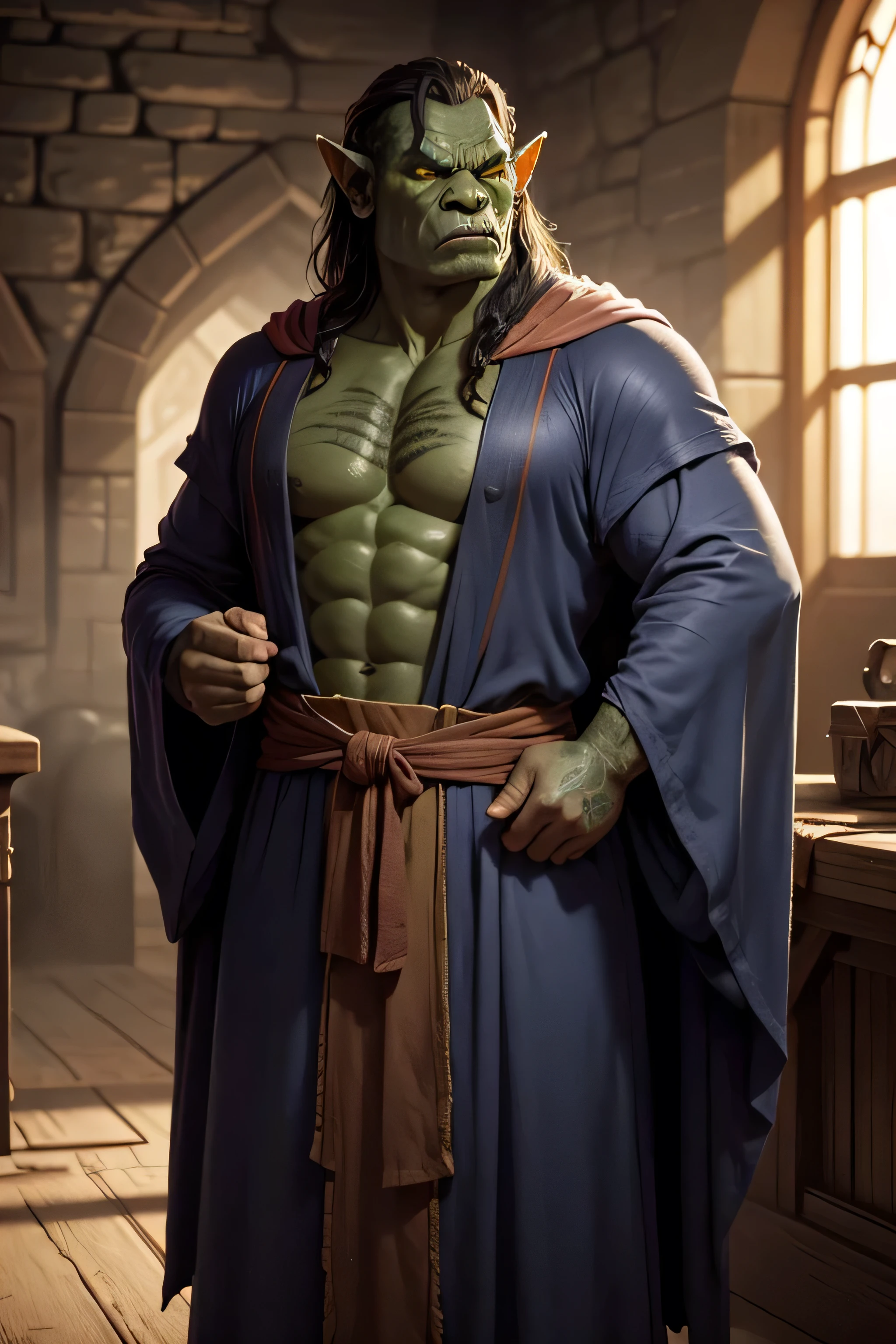(masterpiece, best quality, hi res, extreme detail, detailed background:1.4), ultra realistic, unreal engine 5, handsome, male, orc, green skin, warcraft, loincloth, bulge