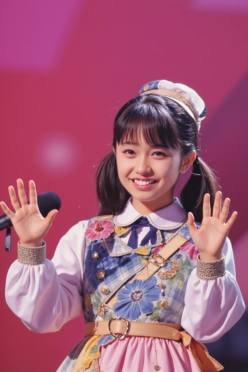 high-level image quality、hight resolution、10years old girl、小柄、japanes、a beauty girl、Idol singer、A smile、sing at stage、Cute costumes、a miniskirt、The skirt is very short、Panties are visible、