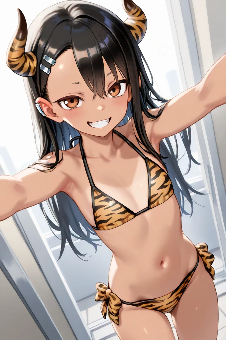 ((young girl ,short stature,gyaru)) ,flat chest,black hair, twintail ,,nsfw,heavyset,looking at viewer.stand,leopard printswimsuits, evil smile,cowboy shot