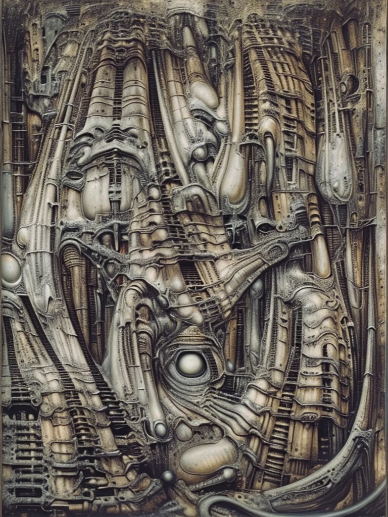 g1g3r, , The image is a detailed view of H.R. Giger's \" Li II \" plate, featuring The image depicts a surreal, otherworldly scene with intricate, organic-like architecture and figures that appear to be emerging from the structures. The space in this H.R. Giger-esque image is formed through a complex interplay of several visual techniques, creating a claustrophobic, layered, and ambiguous environment. Space in this image is formed by a combination of overlapping forms, lack of traditional perspective, flowing curves, high detail, ambiguous scale, and subtle lighting. These techniques work together to create a unique and unsettling spatial experience that is characteristic of Giger's work: a claustrophobic, organic, and biomechanical environment that feels both alien and strangely familiar.
 The most dominant feature is the dense overlapping and interweaving of organic and mechanical forms. Figures, pipes, tubes, and other structures merge seamlessly, making it difficult to distinguish where one ends and another begins. This creates a sense of depth and layers, but also contributes to the claustrophobic feeling as there's little empty space.
 There's no clear horizon line or defined vanishing point to establish traditional perspective. This further adds to the sense of disorientation and makes it difficult to gauge the scale and distance of the elements within the image. The space feels compressed and undefined.
Giger frequently uses smooth, organic curves and contours that flow into each other. These curves create a sense of movement and dynamism, but also further blur the boundaries between objects and spaces. The eye is led through the image along these curves, but there's no clear destination or resting point.
 The high level of detail and intricate textures across the entire image contributes to the sense of density and complexity. There are few areas of smooth, flat color or empty space. This creates a visually rich environment