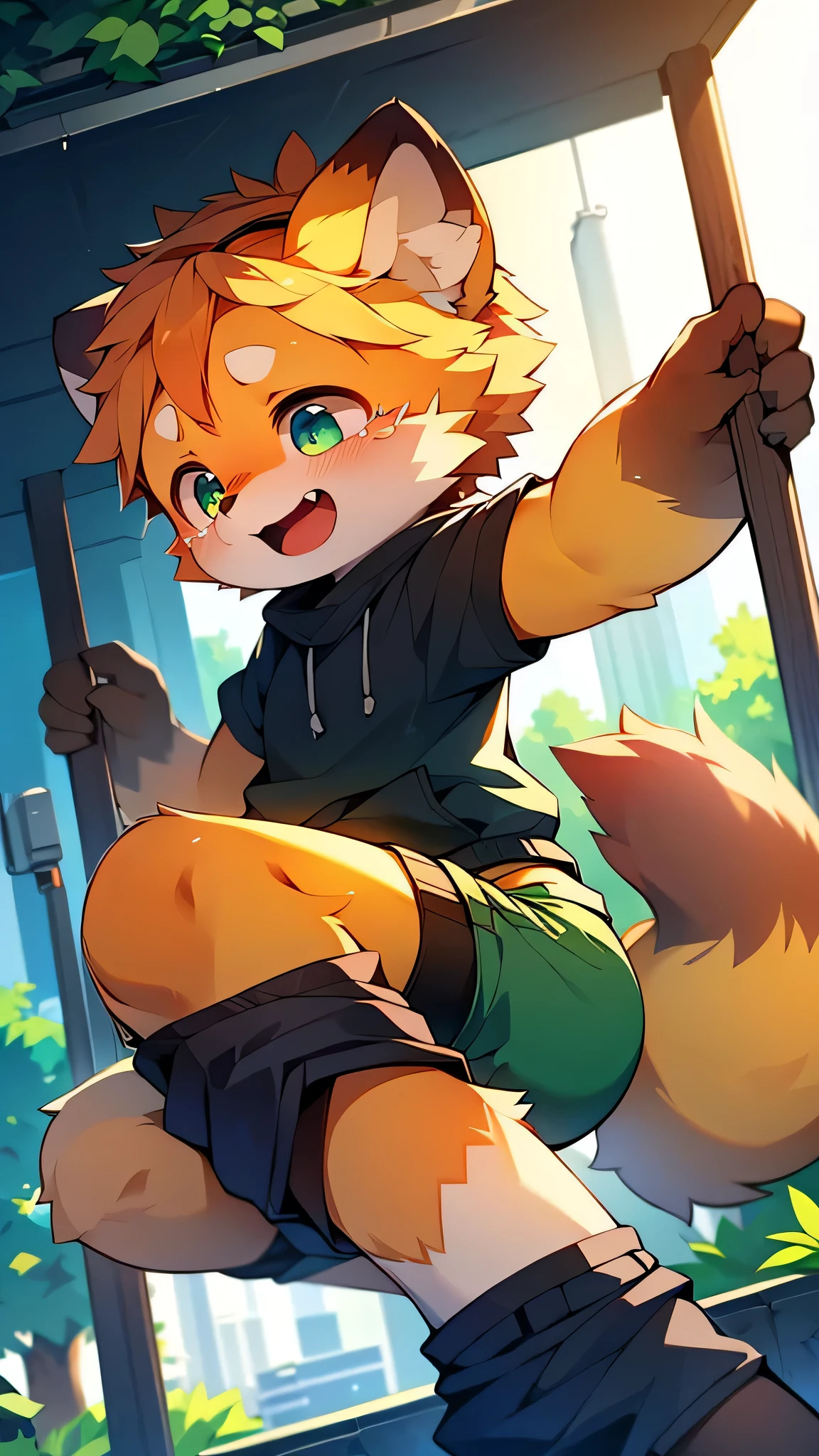 Masterpiece quality, highest definition, detailed texture, 12K, solo, humanoid focus, soft light, urban, oriental style, alley, running water, potted plant, tiger boy, shota, short hair, a tiger tail, scaly skin, fine scales, broken golden vertical pupils, small tiger teeth, plush animal claws, tops, shorts