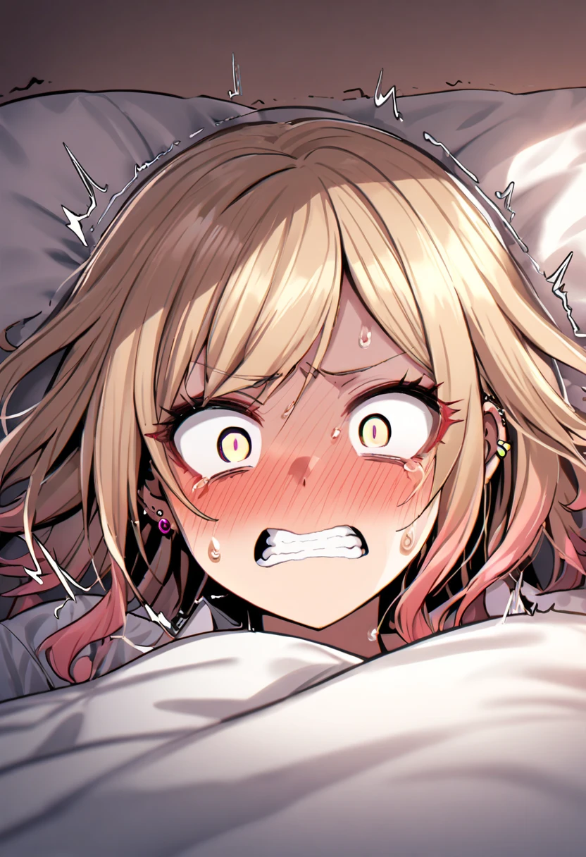 solo,blonde,big forehead,surprised face,waking up to find the bed covered in blood,crazy,panic,