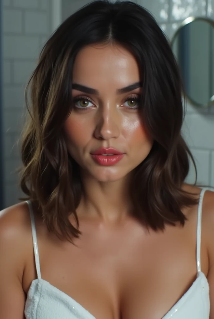 detailed portrait of ana de armas, facial shoot with cleavage visible, wearing a towel, in bathroom, hd highly detailed, beautiful symmetrical face, eyeliner, lipstick, eye contact, shimmer in eyes, blushing