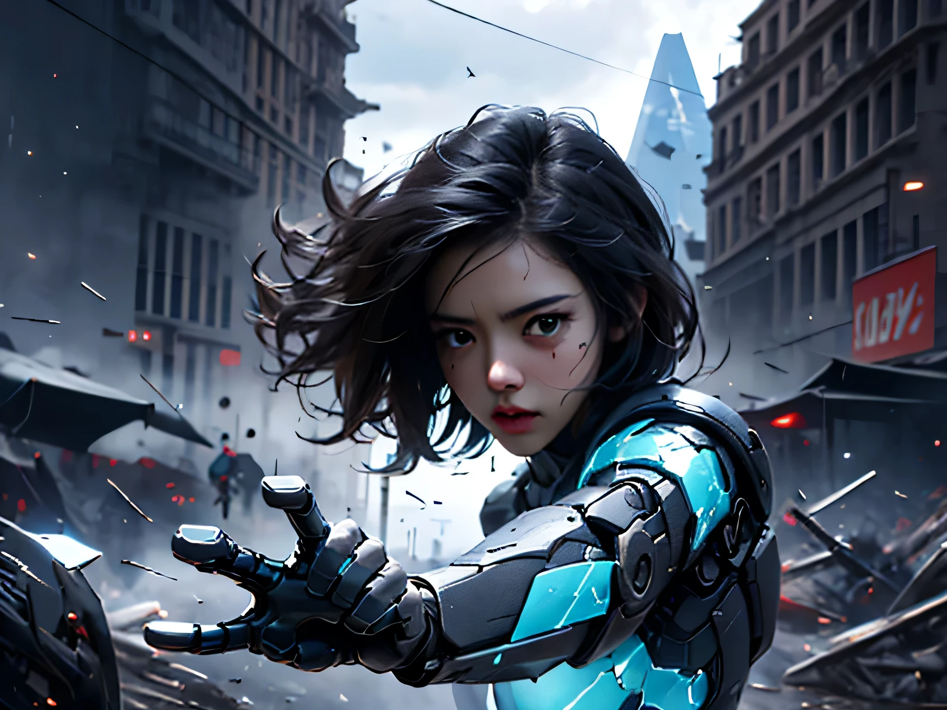 Epic CG masterpiece, hdr,dtm, full ha,8K, ultra detailed graphic tension, dynamic poses, stunning colors, 3D rendering, surrealism, cinematic lighting effects, realism, 00 renderer, super realistic, full - body photos, super vista, super wide Angle, HD
In a futuristic abandoned city, a girl with a huge mechanical arm is engaged in a fierce struggle with the enemy, Her name is Alita, a fighting angel from the future world, Her eyes are firm and resolute, showing the desire for victory, high-definition picture, real effect, hyper-realistic portraits, xiaofei yue, uniformly staged images, flat yet expressive, goth
(shard of glass:1.4)A shot with tension(sky glows cyan,Visual impact,giving the poster a dynamic and visually striking appearance:1.2),
