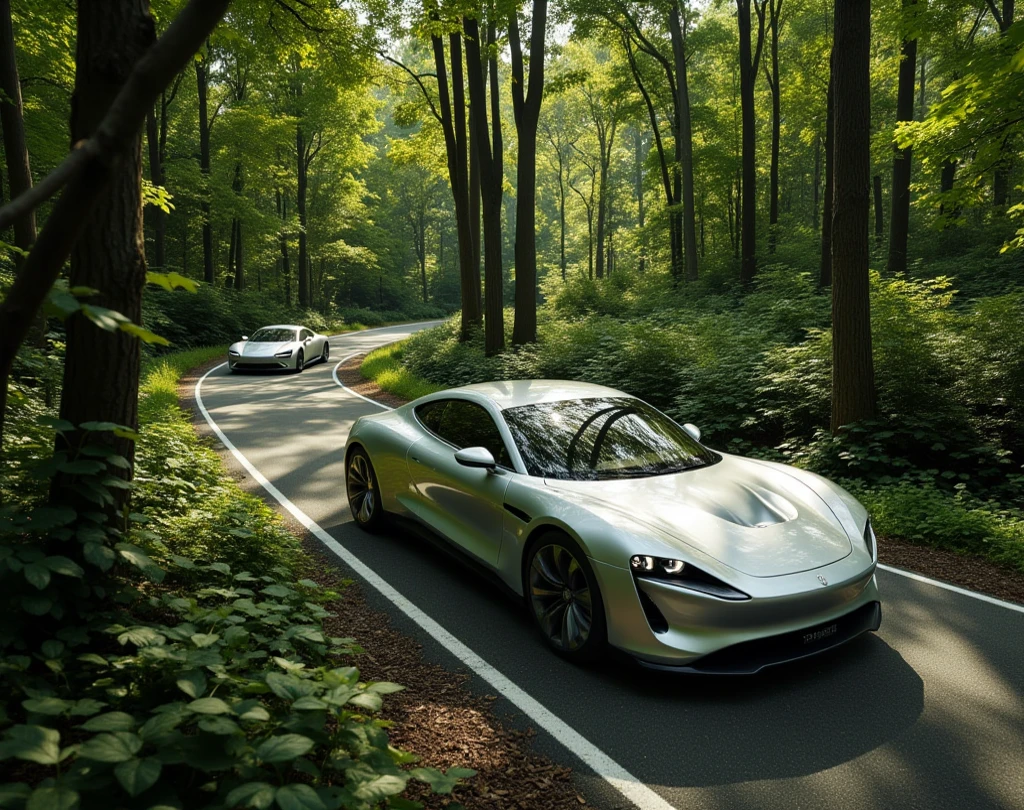 bird view, A silver future car , walking on a forest bend