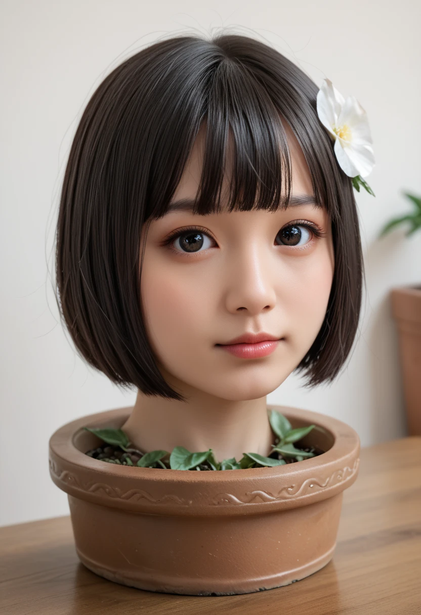 score_9, score_8_up, score_7_up, rating_safe, source_real, high resolution photograph, photo realistic, masterpiece, best quality, amazing quality, very aesthetic, absurdres, newest, intricate details, extremely detailed, professional lighting, 1girl, solo focus, (disembodied head of a young Japanese woman in a (flower-pot) on the table:1.2), face focus, close-up of her head, short bob cut black hair with blunt bangs, hair flower s, detailed face, detailed eyes, sophisticated nose, view from front, looking at the viewer, outdoors, daylight, tomak,