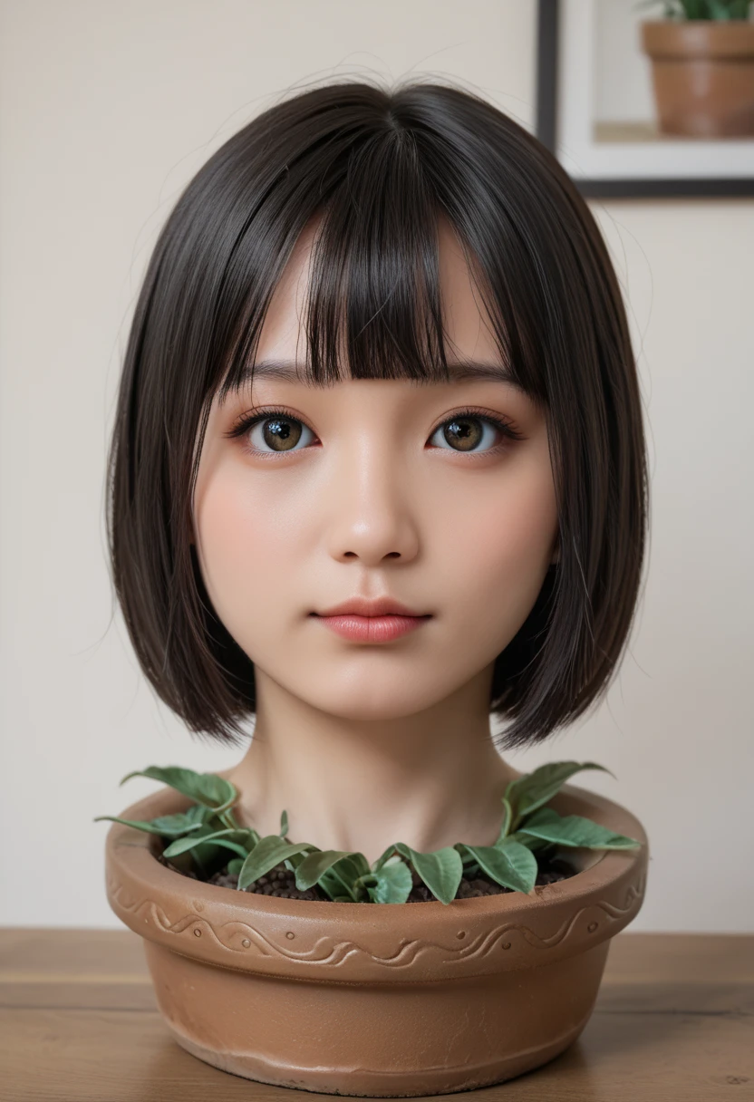 score_9, score_8_up, score_7_up, rating_safe, source_real, high resolution photograph, photo realistic, masterpiece, best quality, amazing quality, very aesthetic, absurdres, newest, intricate details, extremely detailed, professional lighting, 1girl, solo focus, (disembodied head of a young Japanese woman in a (flower-pot) on the table:1.2), face focus, close-up of her head, short bob cut black hair with blunt bangs, hair flower s, detailed face, detailed eyes, sophisticated nose, view from front, looking at the viewer, outdoors, daylight, tomak,