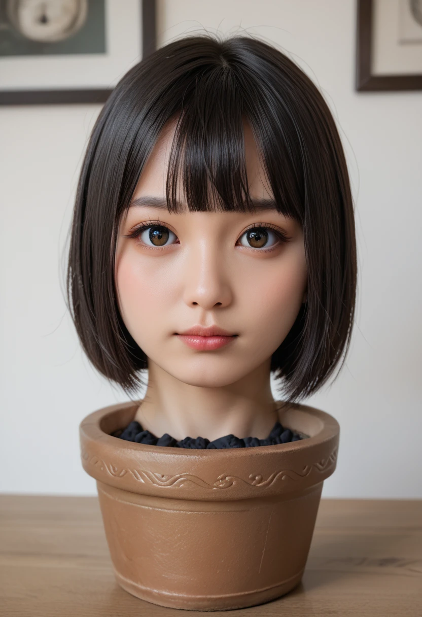 score_9, score_8_up, score_7_up, rating_safe, source_real, high resolution photograph, photo realistic, masterpiece, best quality, amazing quality, very aesthetic, absurdres, newest, intricate details, extremely detailed, professional lighting, 1girl, solo focus, (disembodied head of a young Japanese woman in a (flower-pot) on the table:1.2), face focus, close-up of her head, short bob cut black hair with blunt bangs, hair flower s, detailed face, detailed eyes, sophisticated nose, view from front, looking at the viewer, outdoors, daylight, tomak,