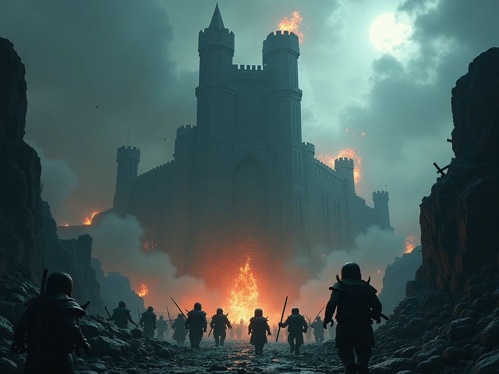 (masterpiece:1.2,Exceptional Quality,Mirror-like,Cinematic Experience, best illustrations:2.0),8k,16,wallpaper,(Tower of Darkness:2.0),(Dark Mist :2.0),(Dynamic depiction from below:2.0),( Dynamic:2.0),((The background is a destroyed and burning castle at a distance )),(hordes of orcs chasing fleeing enemies running away from castle:2.0)an in lego art, night