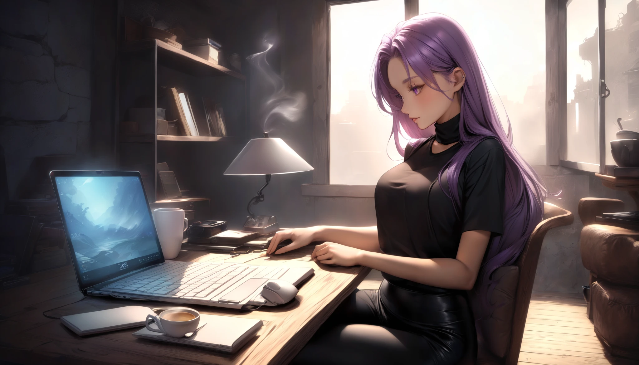 A woman with pastel purple long hair sits on a leather couch in an industrial-style living room. She wears a black tank top and black leggings, her fingers moving purposefully over the keyboard of her glowing laptop. Her attention is fully focused on the screen as she types, the sunlight streaming through large steel-framed windows casting intricate shadows on the exposed concrete walls and the rugged wooden coffee table. Beside her, a cup of coffee releases a gentle wisp of steam into the warm light."