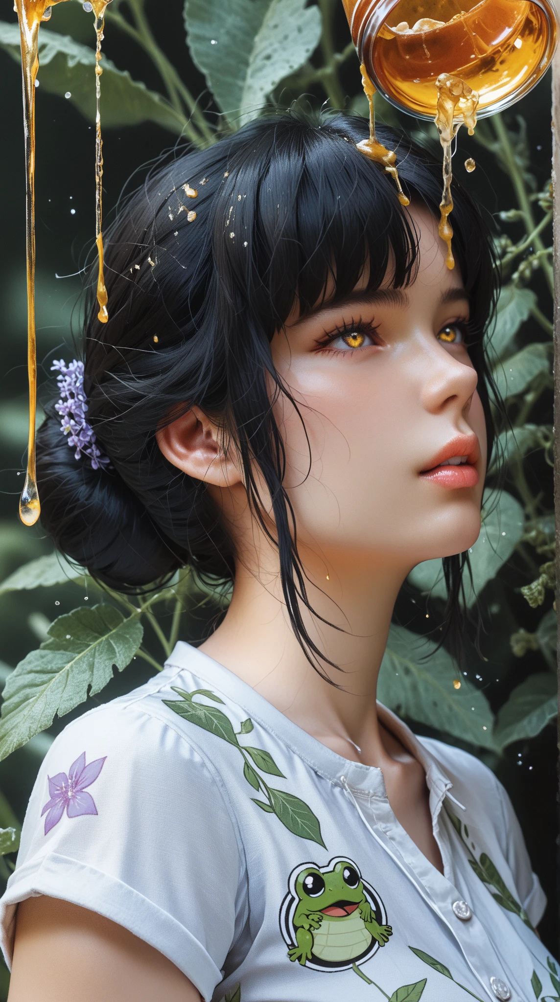  Close-up from waist to head :
 A beautiful young Korean woman .
 black hair, seeds, Foot-length ,  fringe covering the forehead ,  fluttering. 
 honey-colored eyes, expressive, obfuscating,  Cintilante, bioluminescent. 
 Full and voluminous lips , pink color.
thin neck.
 fine winding.
 expression of pleasure , orgasm.
 Dressed in a short sleeve shirt, blue, tight, with cute frog print .
 She is looking down .
 Simple yellow and lilac background . 
depth effect. 
profile view.